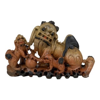 Antique 9" Traditional Chinese Soapstone Foo Dog & Cubs Sculpture For Sale
