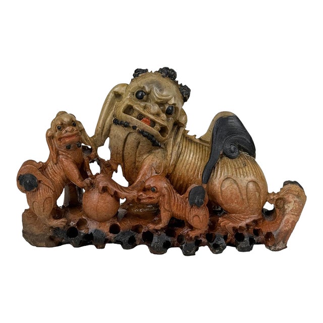 Antique 9" Traditional Chinese Soapstone Foo Dog & Cubs Sculpture For Sale