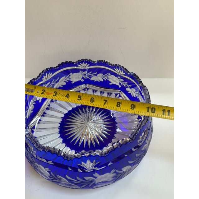 Mid 20th Century Czech Bohemian Cobalt Blue Cut to Clear Crystal Centerpiece Bowl For Sale - Image 16 of 18