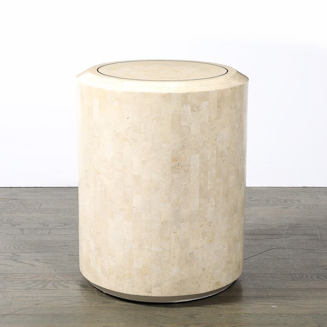 Mid-Century Drum Form Brass Inlay Tessellated Stone Side Table by Maitland Smith For Sale - Image 10 of 14