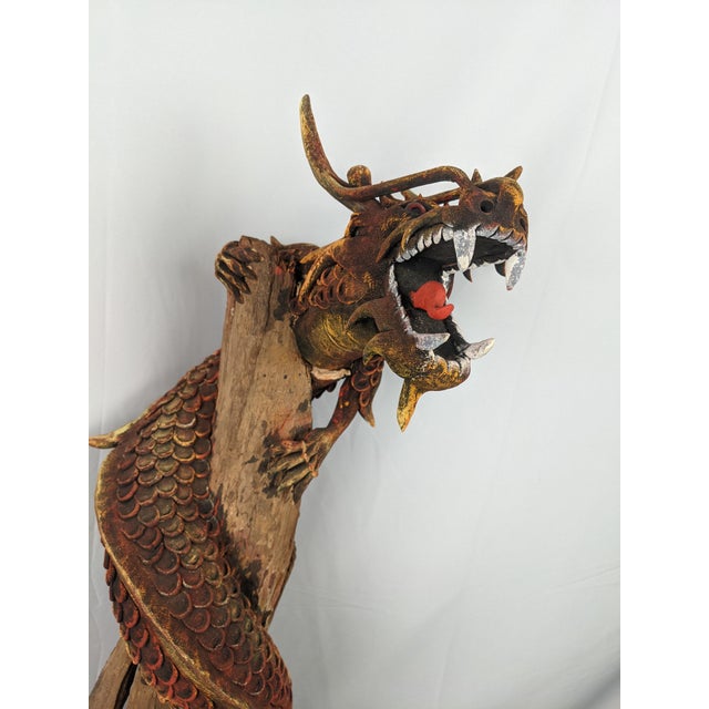 Mid 20th Century Monumental Hand-Carved Asian Dragon Coiled Around Natural Tree Trunk Sculpture With Original Polychrome Finish 40" For Sale - Image 15 of 18