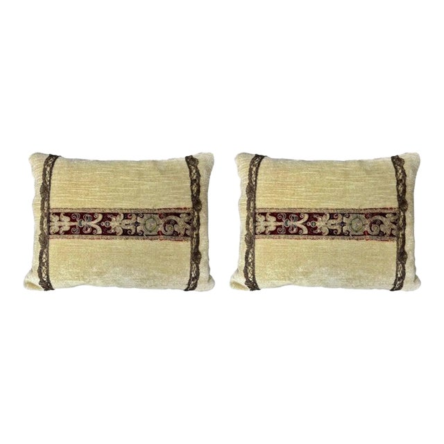 Pair of Appliquéd Soft Yellow Velvet Pillows For Sale