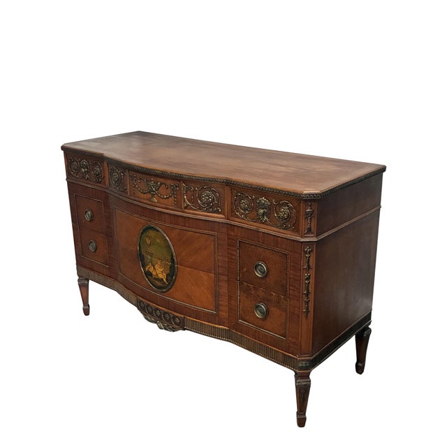 Early 20th Century Neoclassical Mahogany Sideboard With Hand-Painted Oval Medallion & Bronze Ormolu For Sale - Image 4 of 12