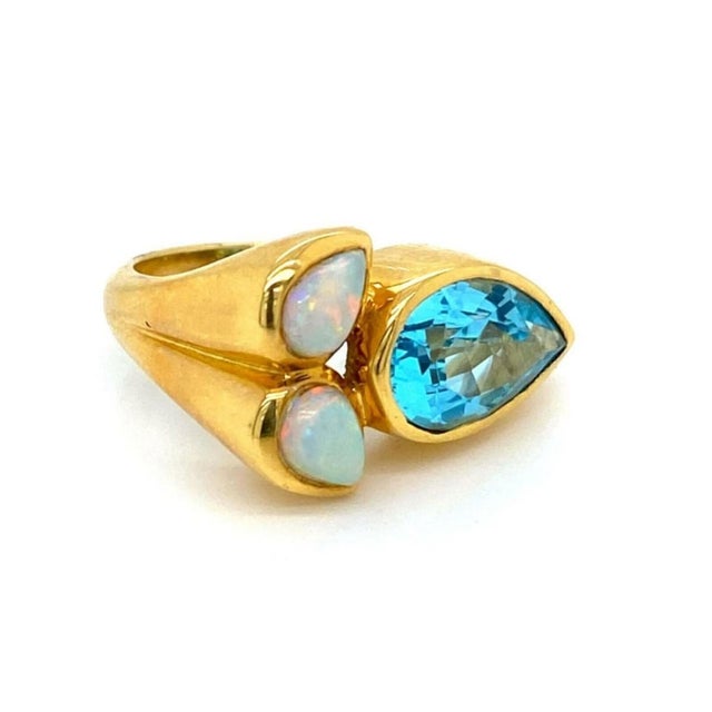 Contemporary Mid 20th Century Blue Topaz & Fire Opal 18k Yellow Gold Floral Ring - Size 7.5 For Sale - Image 3 of 8