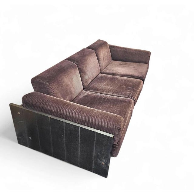 Industrial Three Seater Sofa with Wooden Frame and Cushions in Dark Brown Corduroy, 1970s For Sale - Image 4 of 4