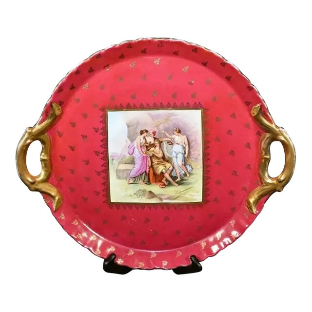 1890s Antique Red and Golden Porcelain Victoria Carlsbad Tray For Sale