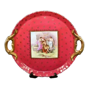 1890s Antique Red and Golden Porcelain Victoria Carlsbad Tray
