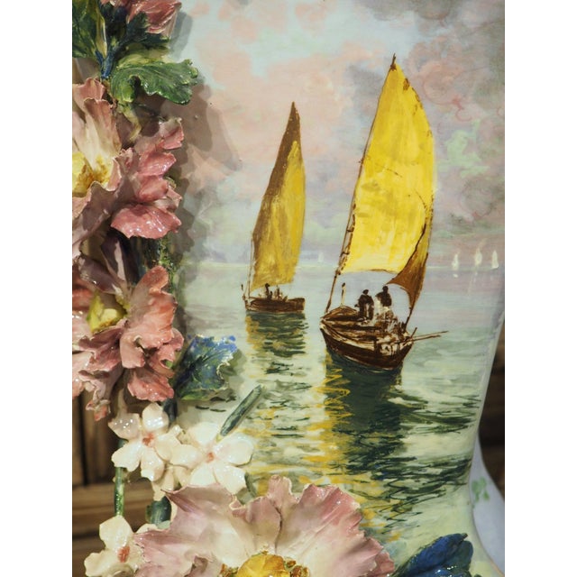 Pair of Circa 1890 Hand Painted French Gros-Relief Blue Ground Barbotine Vases For Sale - Image 9 of 18