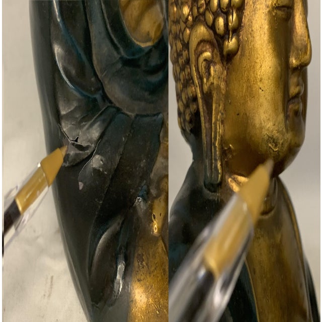 Early 20th Century Ronson Art Metal Works Buddha Bookends: Sgraffito Design, c. 1920s For Sale - Image 5 of 10