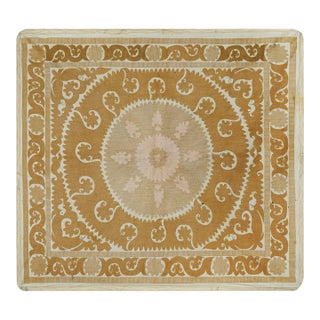 Suzani Pastel Tapestry -Tan and Sand Uzbek Table Cloth 4'1'' X 4'4'' For Sale