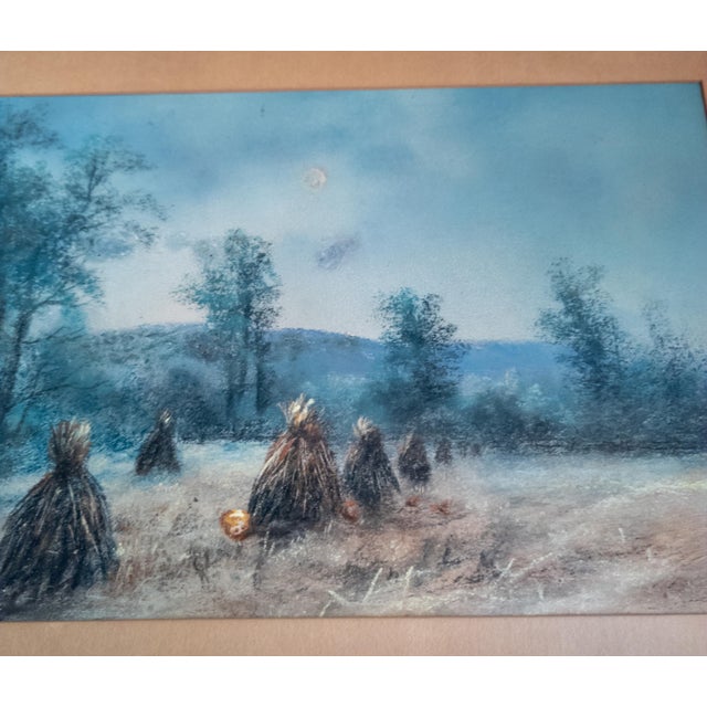 19th Century American Pastel Moonlit Nocturne Pastural Landscape With Haystacks For Sale - Image 11 of 16