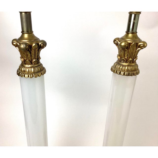 White Pair of 1930s Opaline Glass & Brass Neoclassical Column Table Lamps For Sale - Image 8 of 8