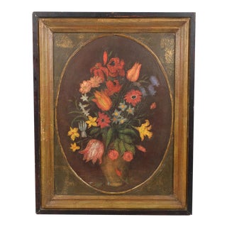 Colorful Bouquet Still Life Oil on Carved Wood For Sale