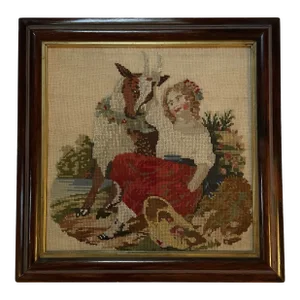 Late 19th Century Victorian Needlepoint of Girl With Goat, Period Frame and Glass