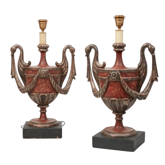 Pair Of Hendrix Allardyce Neoclassical Style Silvered And Red Painted Urn Form Lamps