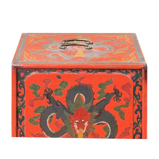 Vintage Distressed Chinese Red Dragon Graphic Drawers Chest For Sale - Image 11 of 14