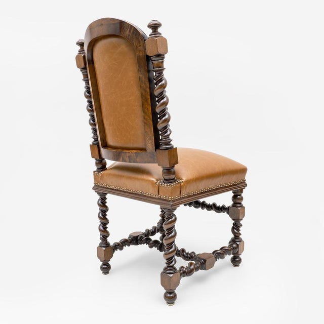 Antique Italian Neo-Renaissance Walnut and Leather Dining Chairs, 1890, Set of 6 For Sale - Image 3 of 14