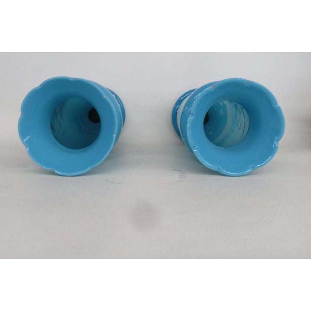 Turquoise Blue Opaline Glass Vase Pair of 2 With Hand Painted Floral Motif 5071b For Sale In Miami - Image 6 of 11