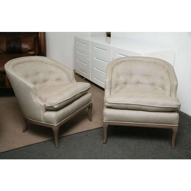 Contemporary 1960s Pair of Taupe Linen Tufted Sleeper Boudoir Armchairs. For Sale - Image 3 of 10