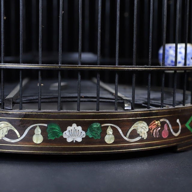 Black Late 19th Century Dark Wood Birdcage With Mother-of-Pearl Inlay and Porcelain Cups For Sale - Image 8 of 10
