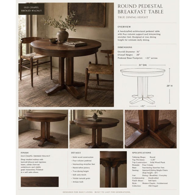 Traditional Vintage Solid Hardwood Round Pedestal Breakfast Table in Old Chapel Smoked Walnut For Sale - Image 3 of 4