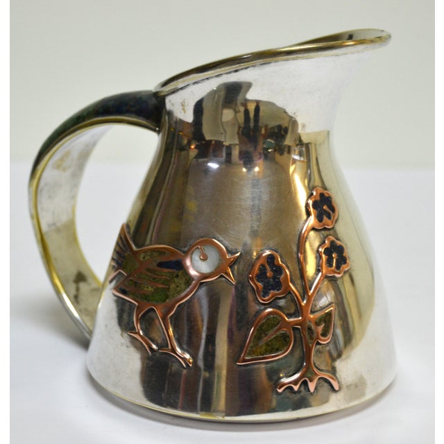 Los Castillo 1960s Los Castillo Taxco Silver Plate Jug Pitcher With Stone Decor Bird Flowers For Sale - Image 4 of 12