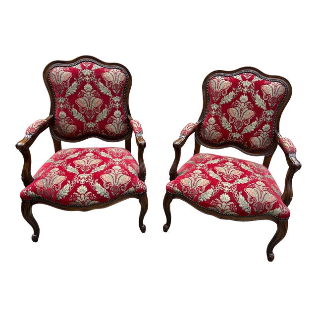 1990s Maitland-Smith Furniture Louis XV Bergere Upholstered Carved Chairs- a Pair For Sale