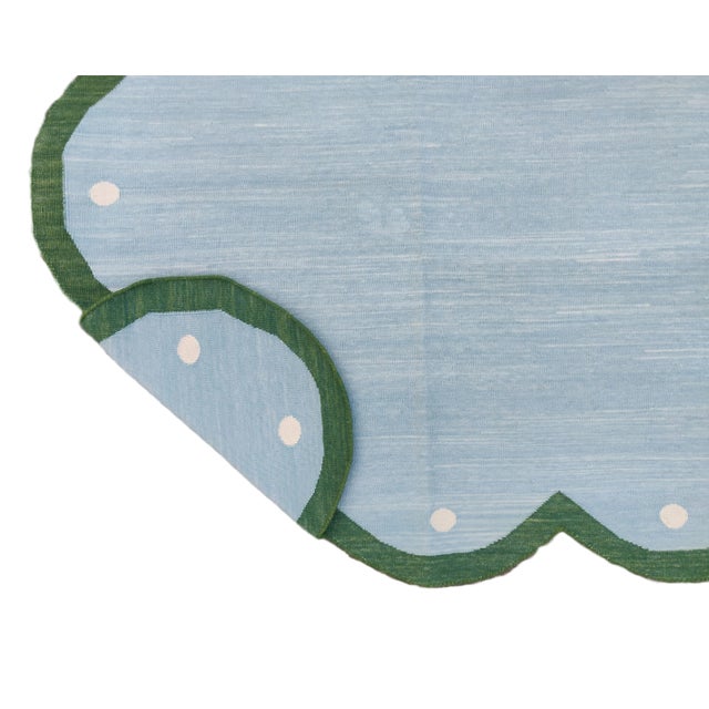 Casa Cosima Handmade Cotton Scalloped Rug Reversible Sky Blue and Forest Green Dhurrie-10'x14' For Sale - Image 4 of 10