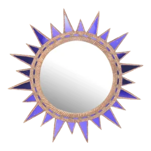 A Large Purple Textured Glass and Resin Convex Mirror Within a Star / Sunburst Frame in the Manner of Line Vautrin. Contemporary.