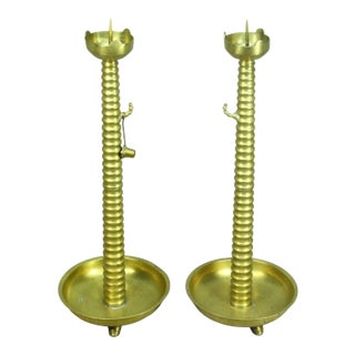 1800s Large Brass Indo-British Raj Pricket Candle Holders- a Pair For Sale