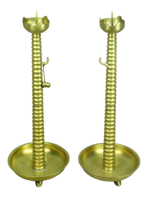 1800s Large Brass Indo-British Raj Pricket Candle Holders- a Pair