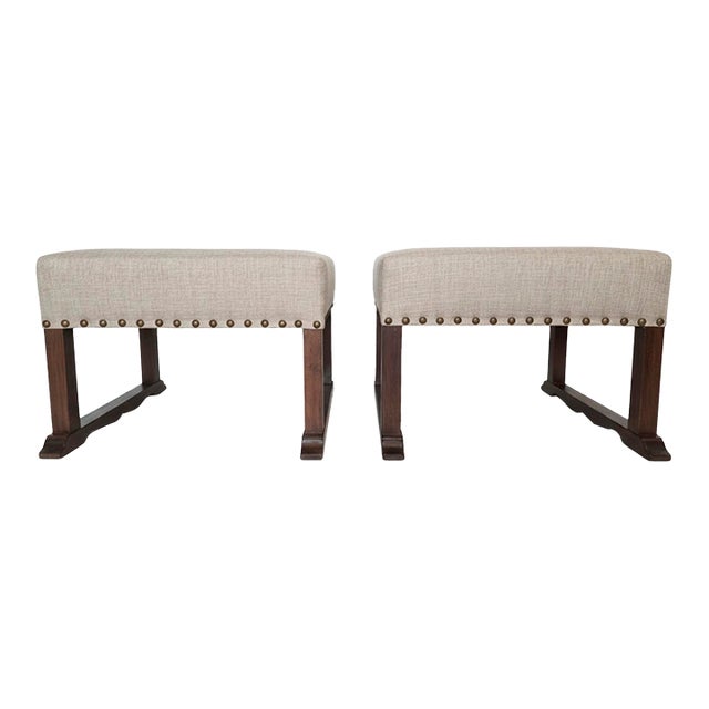 English Upholstered Stools on Oak Legs, Late 19th Century For Sale