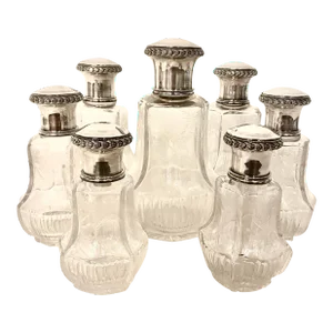 Antique Baccarat-Style Sterling and Crystal Perfume Bottles Vanity Set- 7 Pieces