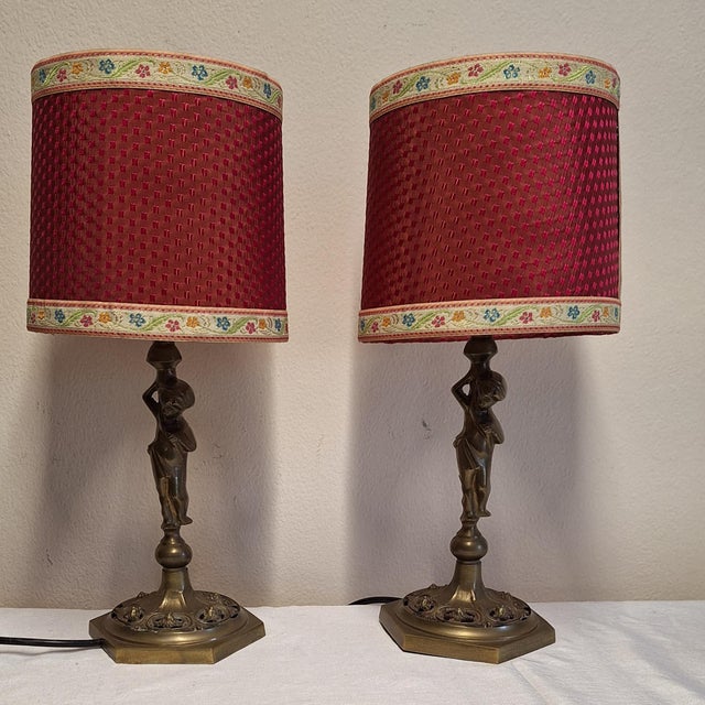 Vintage Table Lamps with Figurative Brass Base and Handmade Fabric Shade, 1960s, Set of 2, in Very Good conditions....