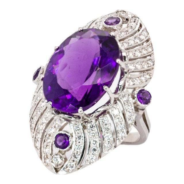 22cts Zambian Amethyst Ring With Earth Mined Diamond Accents in 14k Solid Gold, Size 6.75 For Sale