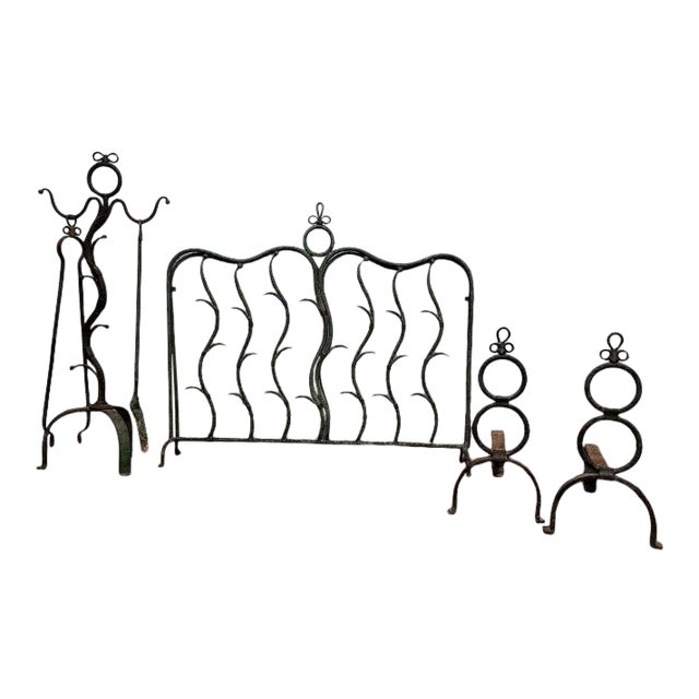 Antique French Art Deco Period Wrought Iron Fireplace Set - Tools Andirons Firescreen For Sale
