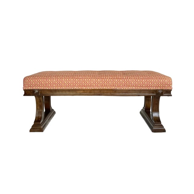A sophisticated 1960s neoclassical style bench in mahogany; having a warm brown tone and finished with a newer woven...