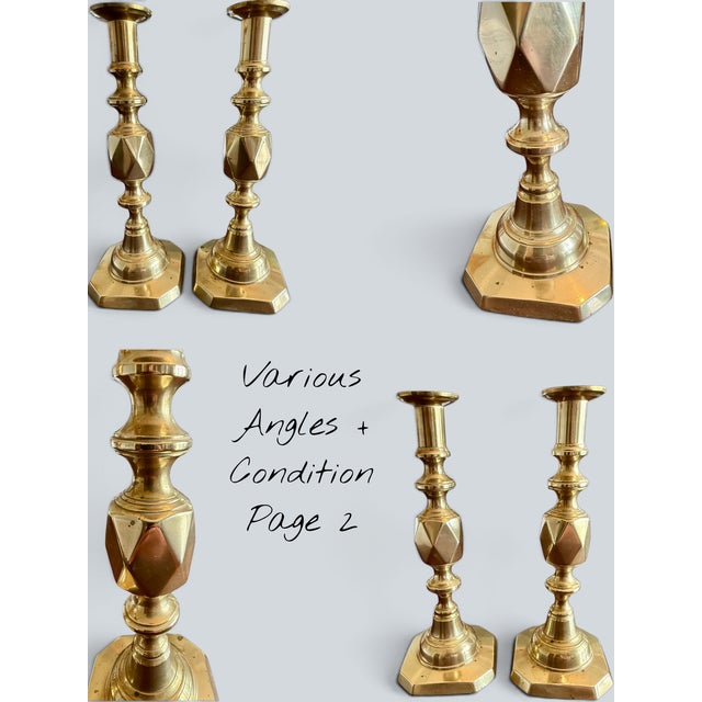 Antique Queen of Diamonds Brass Candlesticks Pair-Victorian English-1897 Jubilee For Sale - Image 9 of 11