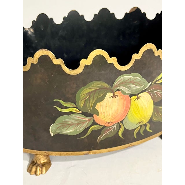 Maison Lancel Vintage French Black Tole Cachepot With Hand-Painted Fruit and Gilt Scalloped Rim Lion Head Ring Handles For Sale - Image 13 of 17