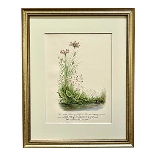 Original Antique Watercolor Painting Flowers With Calligraphic Poetry Verse From Longfellow For Sale