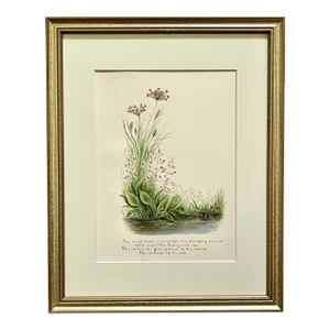 Original Antique Watercolor Painting Flowers With Calligraphic Poetry Verse From Longfellow