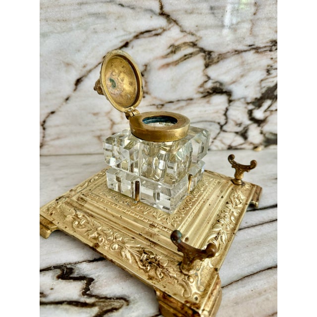 French French Brass & Crystal Inkwell W/Tray For Sale - Image 3 of 4
