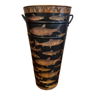 Vintage English Planter Jardiniere Urn Fish Decoupage Black Tole Lodge Décor For Sale