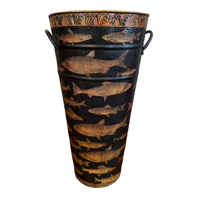 Vintage English Planter Jardiniere Urn Fish Decoupage Black Tole Lodge Décor For Sale