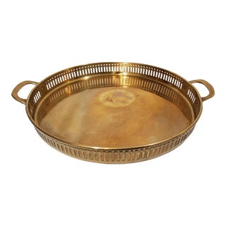 Mid 20th Century Brass Round Serving Tray With Handles For Sale