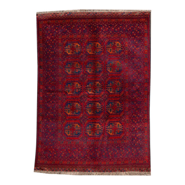 Vintage Turkman Handmade Ruby Red Tribal Wool Rug For Sale
