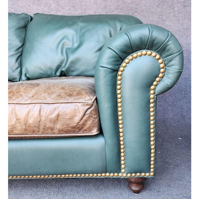 Drexel Blue and Brown Two Tone Leather Sofa With Nailheads Pella Soft Leather For Sale In Washington DC - Image 6 of 9