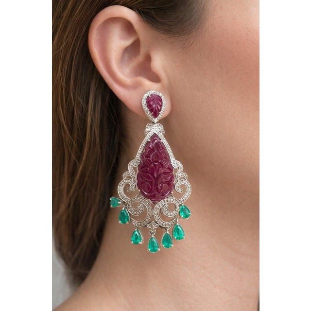 Bochic “Capri” Vintage Emerald, Ruby & Diamond Earrings Set In 18K Gold & Silver For Sale In New York - Image 6 of 13