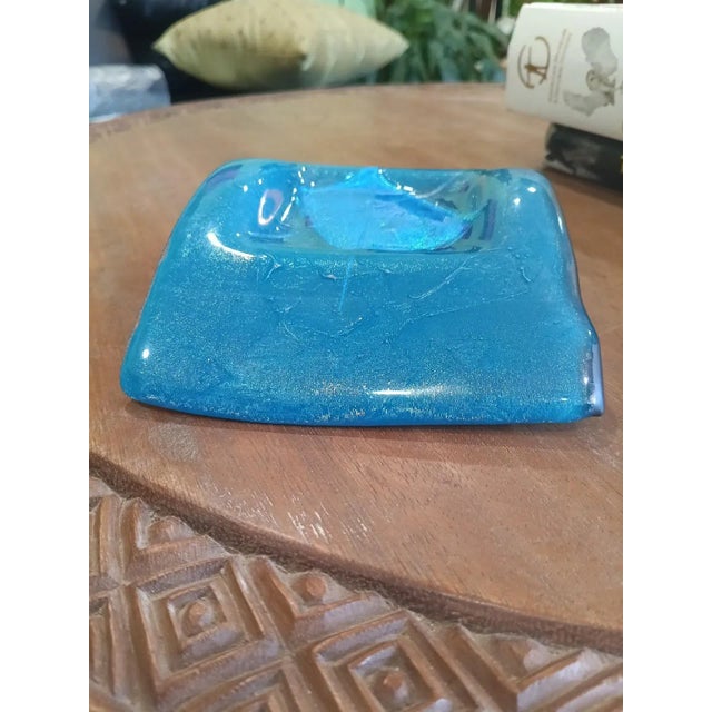 Mid 20th Century Mid-Century Aqua Fused Glass Ashtray or Catchall With Foil Center For Sale - Image 5 of 9