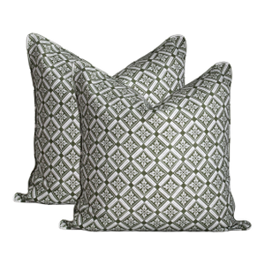 A Pair of Lauren Servati Textiles, Astrid // Basil Pillows With Self Welt Cording, 22"x22"